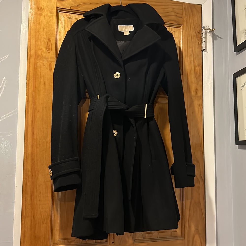Black Michael Kors pleated belted coat